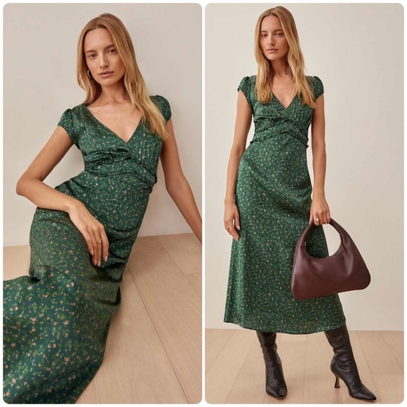 Reformation Dresses & Skirts - New! Reformation Kaye Silk Green Corriander Floral Midi Dress 🌿 size 6